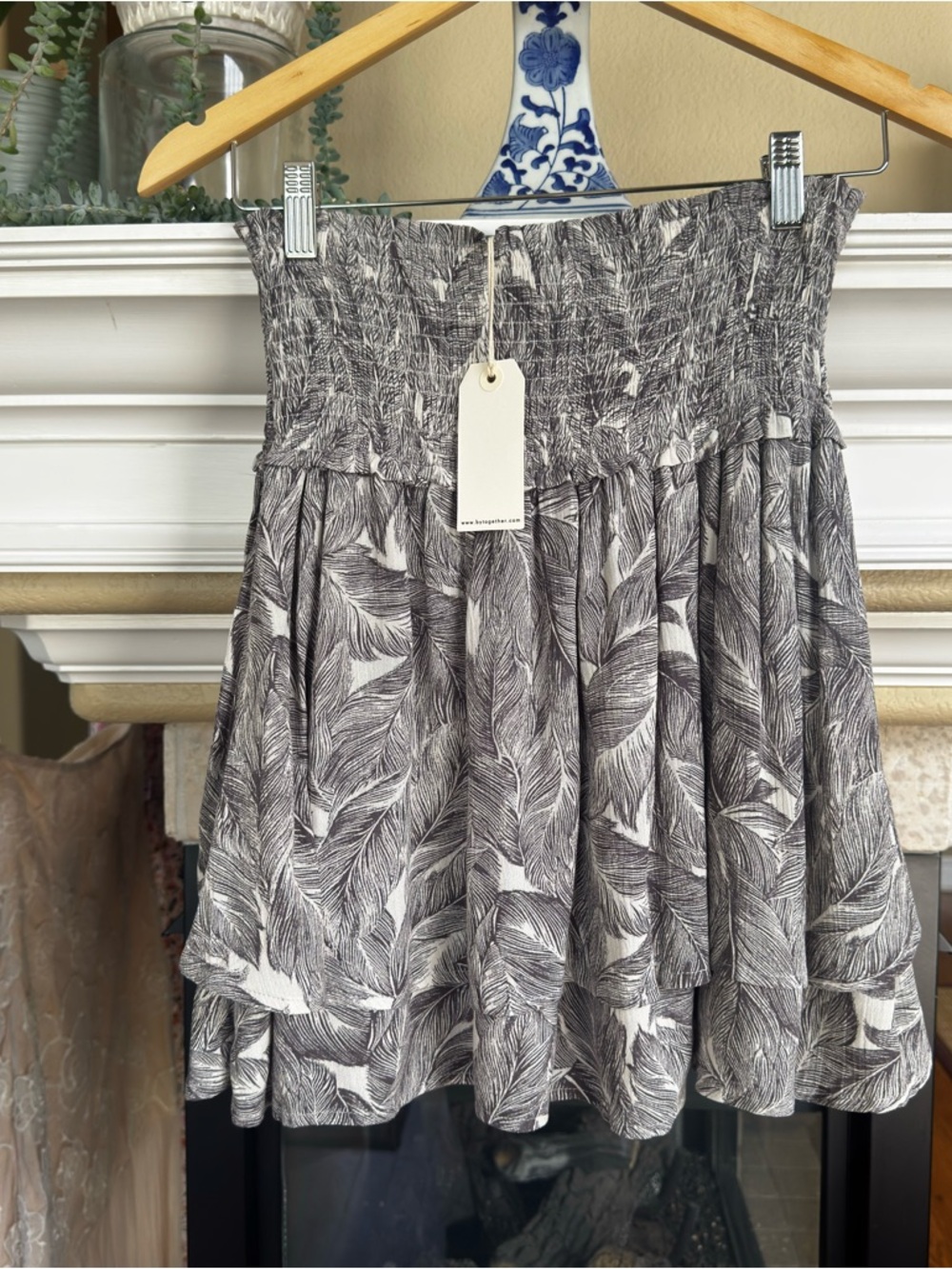 Tropical Leaf Print Tiered Smock Mini Skirt Summer Resort Wear Large